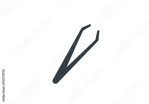 A pair of gray metal tweezers with angled tips is angled upward on a white background