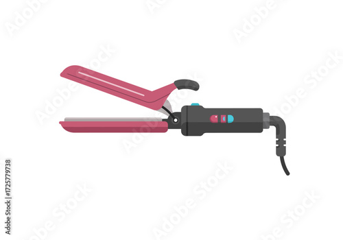 A pink and black hair straightening iron is displayed on a white background