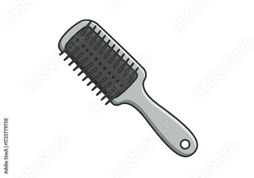 A lightgray paddlestyle hairbrush with black bristles and handle hole