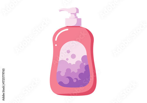 A pink soap bottle with a pump displaying purple foam visible through a clear section