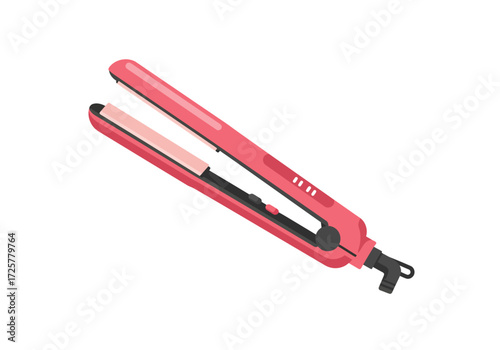 A pink open flat iron is presented in an eyelevel isolated vector illustration
