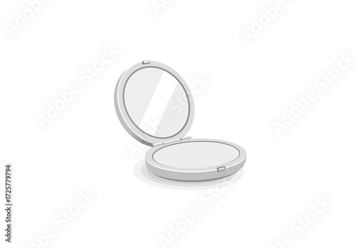 A round silvergrey makeup compact is shown open on a white background with a hint of grey shadow