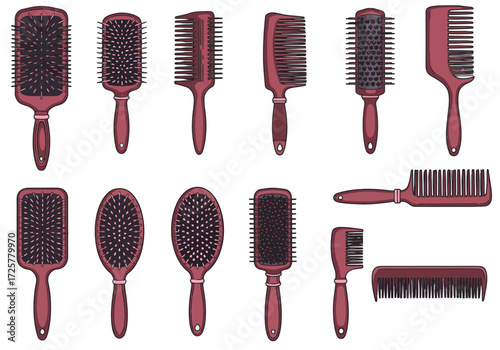 An assortment of reddishbrown hairbrushes and combs featuring various designs