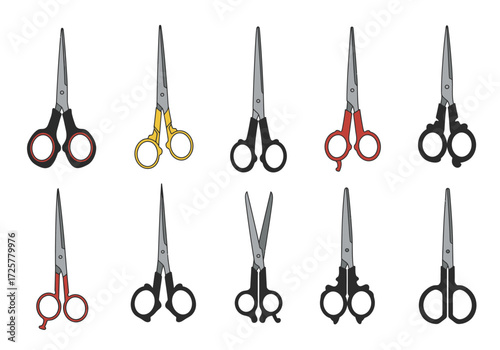 Array of ten cartoonstyle scissors each with unique handle colors and orientations