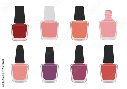 Array of eight nail polish bottles in various colors arranged in a two by four grid