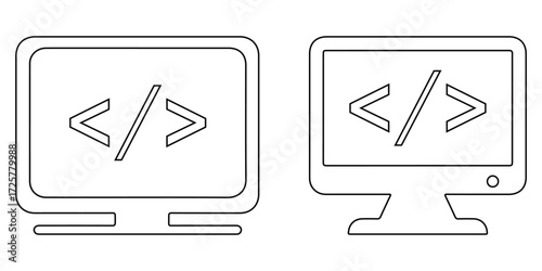 Computer Monitor with Code Symbols – Minimalist Programming and Software Development 
Vector Icon