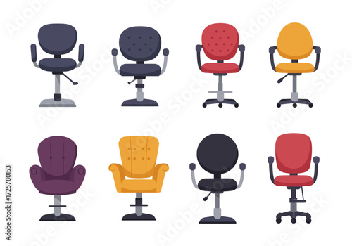 Eight assorted office chairs various colors arranged in two rows