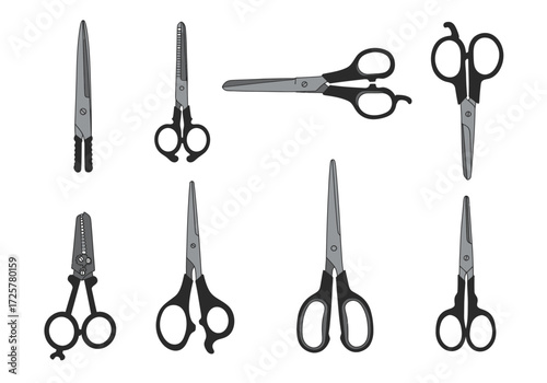 Eight black and gray scissors each a different style are arrayed on a white background