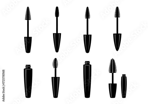 Eight black mascara brushes and tubes are arranged in two rows