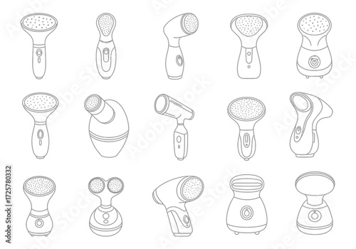 Image shows various grey line drawings of electric foot callus removers arranged in a grid pattern on a white background