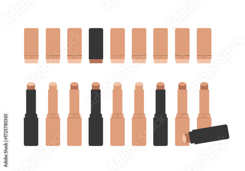 Makeup sticks arrayed in two rows with the tops aligned and the sticks below Some are black