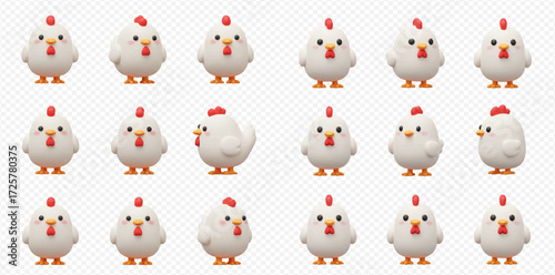 A collection of cute 3D rendered white cartoon chickens with red combs and yellow beaks standing in various poses on a transparent background.