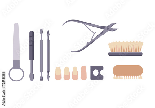 Manicure tools are displayed including nippers brushes pushers and nail shapers