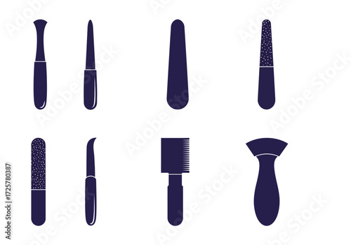 Navy nail care tools arranged in two rows against a white backdrop