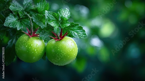 Two Green Unripe Tomatoes Hanging on Vine with Dew Drops in Lush Green Foliage Cinematic Macro View HDR Lighting Style