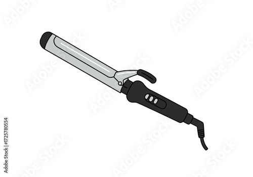 Silver and black curling iron with grip buttons and cord angled on a white background