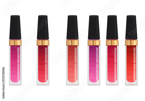 Six lip gloss tubes stand sidebyside each with a black cap gold band  clear body showing various redpink shades