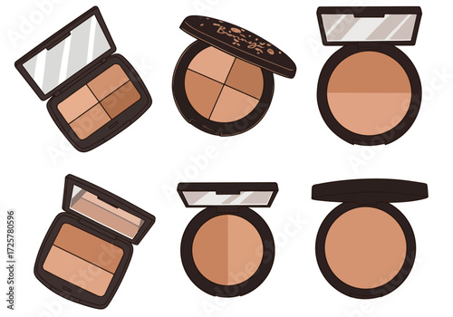 Six cosmetic compacts with bronze and tan shades some open with mirrors
