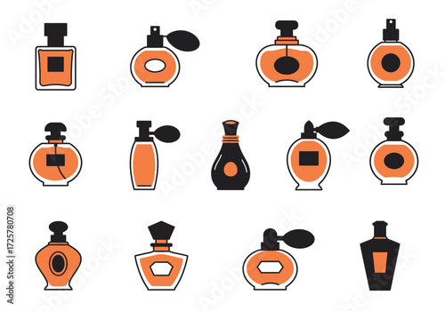 Twelve stylized perfume bottles are arranged on a white background