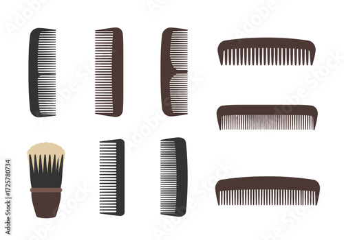 Various combs and a shaving brush are arranged against a white backdrop