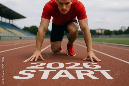 Athlete at starting line on running track with 