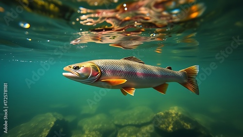 Underwater scene of trout swimming in a clear river with natural light creating a serene aquatic atmosphere.