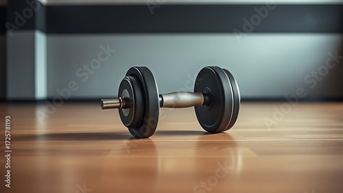 A solitary dumbbell rests on a gym floor, set against a clean and simple backdrop.