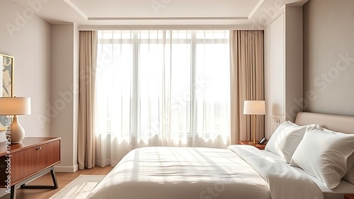 Serene hotel bedroom bathed in morning light, featuring minimalist decor and a neatly made bed.