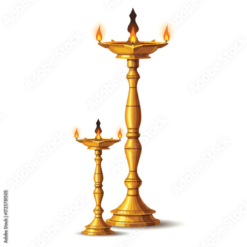 Elegant Nilavilakku Traditional Lamps Illustration for Onam Festival - Auspicious Kerala Lighting and Spiritual Symbolism