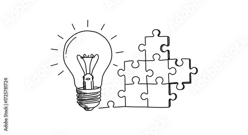 Sketch of Lightbulb Connected to Puzzle Pieces on White Background