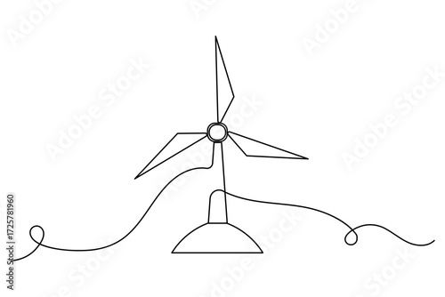 Minimalist one line drawing of a wind turbine symbolizing clean renewable energy and eco friendly design
