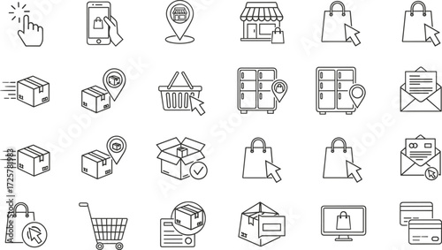 Comprehensive E-commerce and Online Shopping Line Icons Set Featuring Delivery, Logistics, Digital Retail, and Payment Solutions for Modern Business