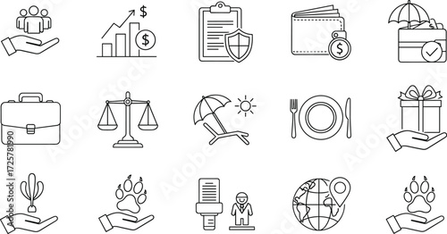 A diverse collection of linear icons depicting corporate benefits, personal finance, legal services, and lifestyle elements