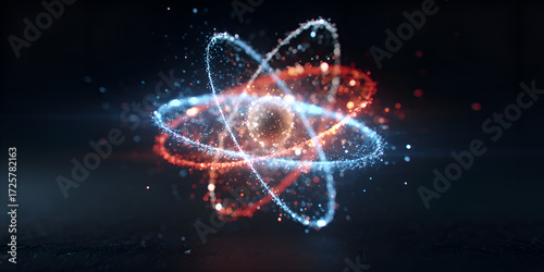 Futuristic glowing atom model with red and blue particles on dark background, digital science and energy visualization
