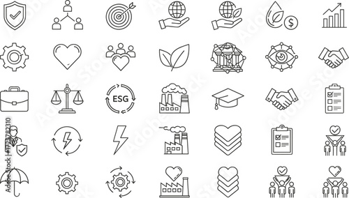 ESG Icons Sustainability, Governance, and Social Responsibility Line Art