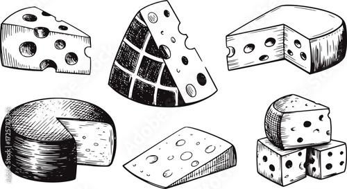 Black and white hand drawn cheese collection swiss cheese gouda