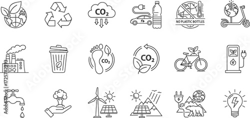 Eco-friendly technology and sustainable lifestyle icons for a greener planet