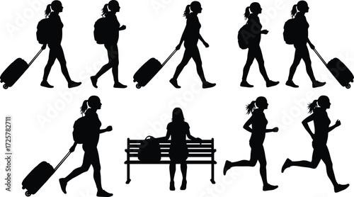 Traveler silhouette walking, running, sitting, carrying backpack, pulling suitcase, airport journey, passenger movement, travel lifestyle, transportation, tourism, vector illustration
