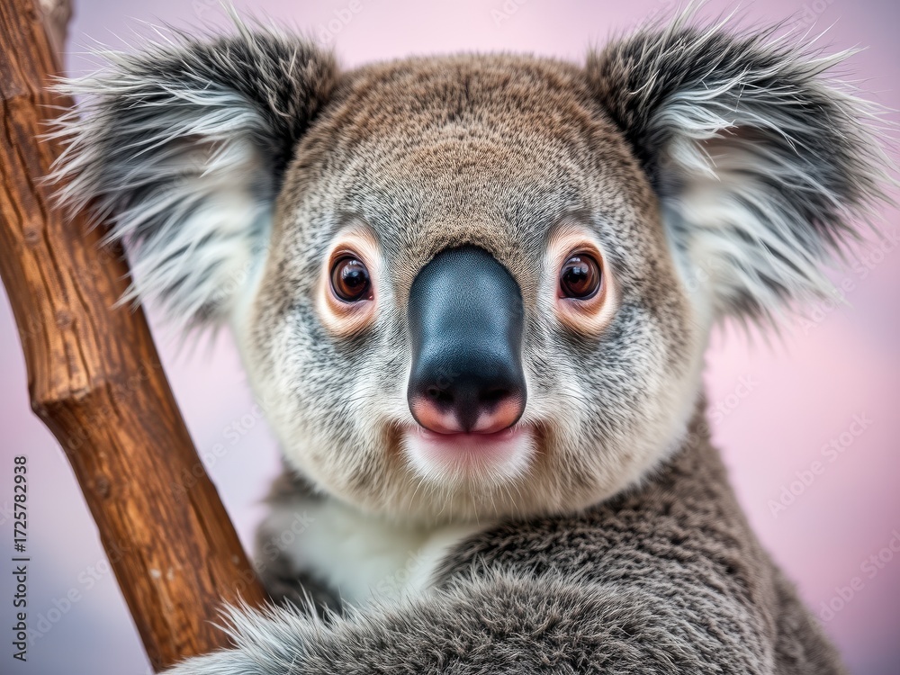 Obraz premium Adorable koala face portrait clinging to a eucalyptus tree branch is very cute.
