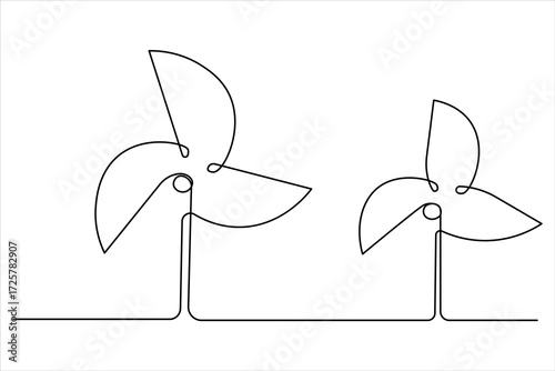 Minimalist one line drawing of a wind turbine symbolizing clean renewable energy and eco friendly design