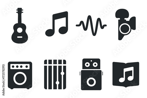 Music icons collection: guitar, note, microphone, sound wave, amplifier, sheet music
