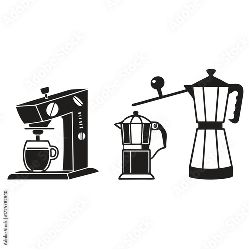 Set of 3 coffee maker icons espresso moka pot percolator Simple black design Isolated on white background