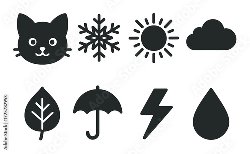 Weather and nature icons: cat, snowflake, sun, cloud, leaf, umbrella, lightning, raindrop