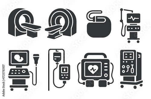 Medical equipment icons: mri, monitor, iv, defibrillator, dialysis machine
