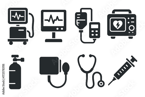 Medical equipment icons featuring heart monitor, iv drip, defibrillator, and stethoscope