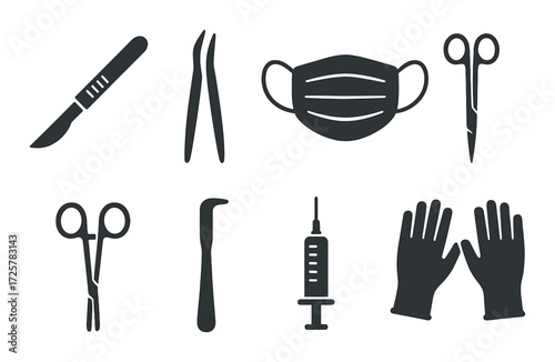 Surgical tools set with scalpel, tweezers, mask, syringe, scissors, gloves