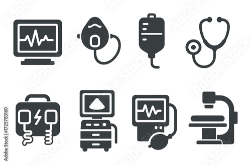 Medical equipment icons: monitor, stethoscope, iv bag, defibrillator, microscope