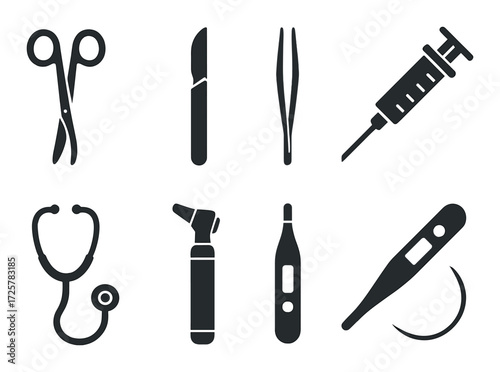 Silhouettes of medical instruments in dark gradient background