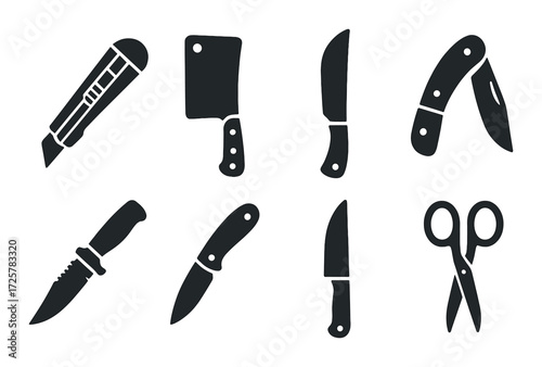 Dark silhouette collection of various cutting tools on textured background