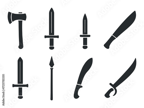Silhouette of diverse medieval and modern weapons on dark background